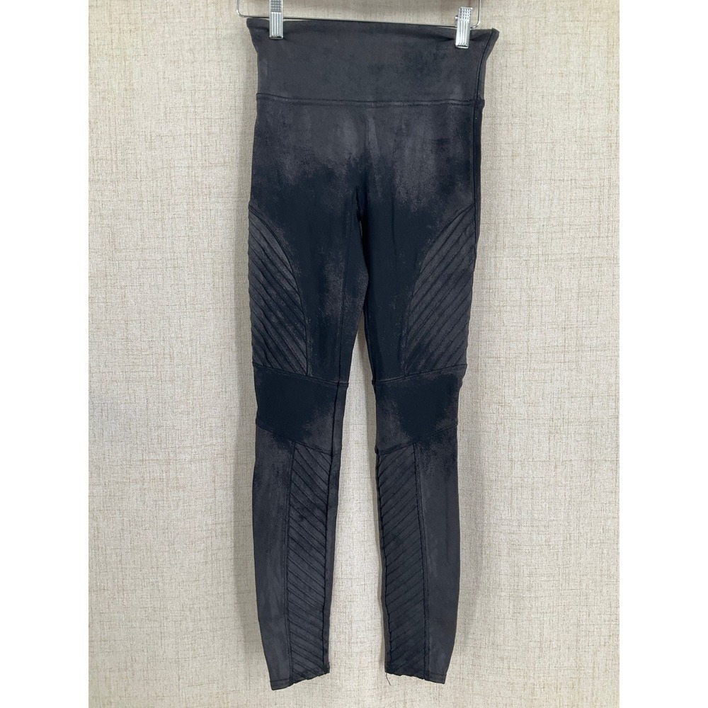 SPANX Women Black‎ Faux Leather Moto Ribbed High-Rise Leggings Size Small Edgy